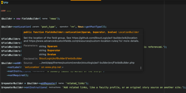 Code showing documentation built in to ACFBuilder.