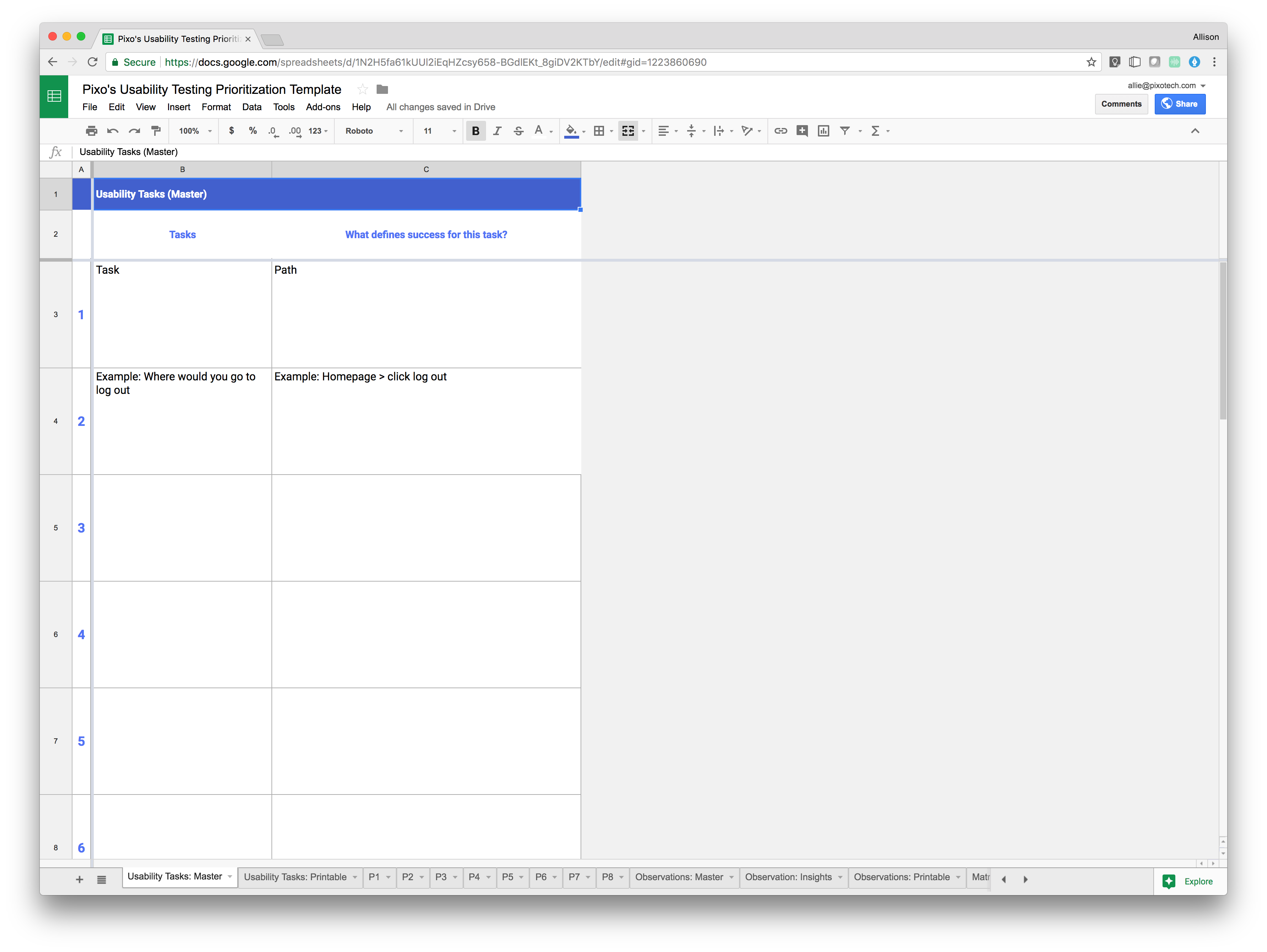 Pixo’s Usability Testing Template Usability Tasks: Main