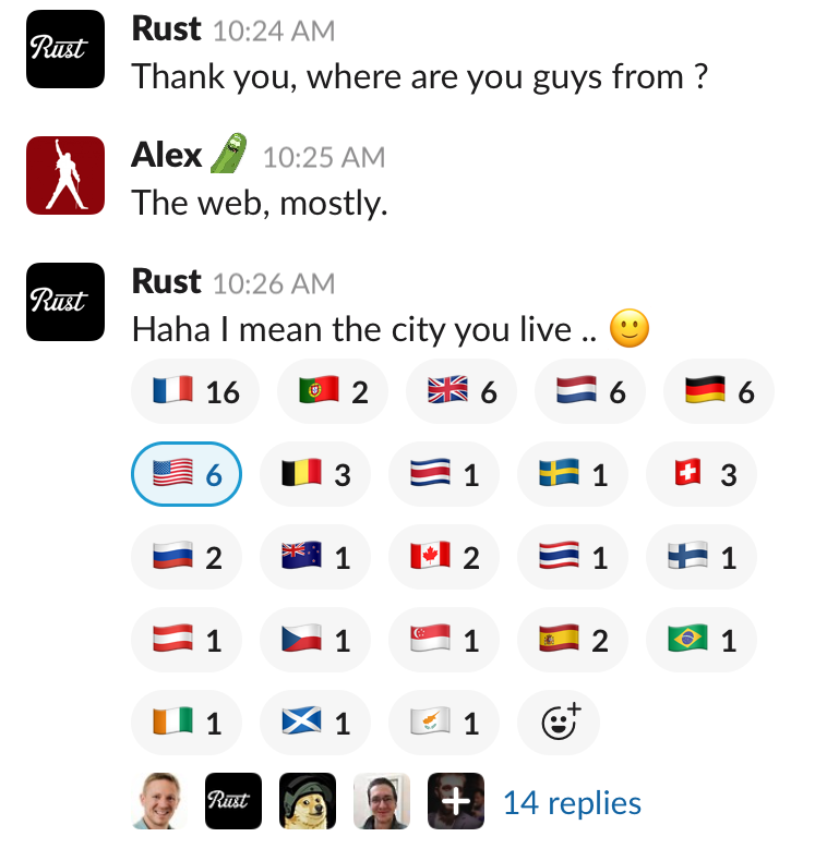 A screenshot of the Symfony Slack where members share what country they're from.