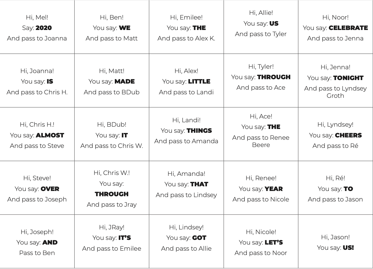 A grid of instructions for a word game.