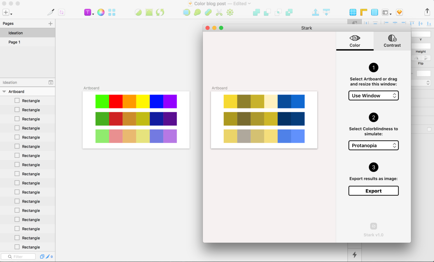 A view of the Stark plugin in the Sketch app, including 2 different color palettes.