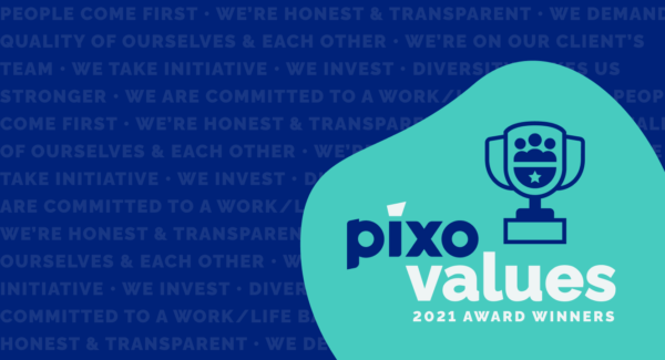 Pixo values 2021 award winners shown next to a trophy