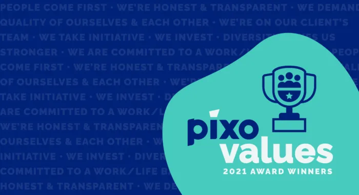 Pixo values 2021 award winners shown next to a trophy