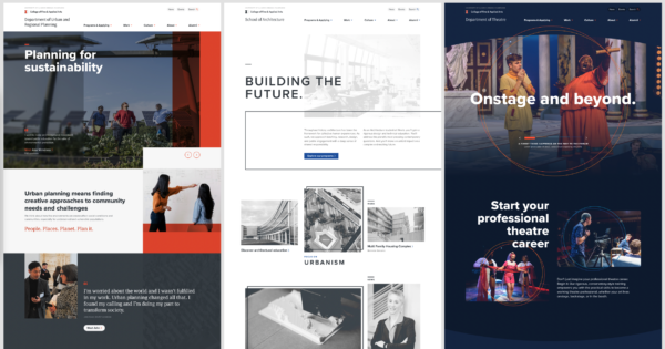Three website homepages for the University of Illinois Urban and Regional Planning, Architecture, and Theatre