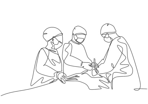 Three line-drawn medical staff performing surgery on a patient
