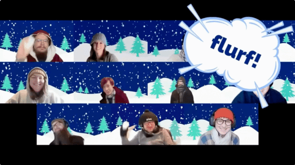 Screenshot from Pixo's virtual snowball fight held on Zoom, where everyone applied a matching graphic background with white hills, evergreen trees, and falling snow.