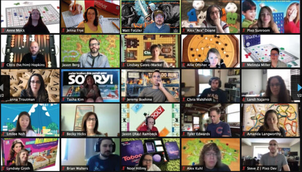 Zoom grid with 25 people in a remote meeting with different board games as their background images