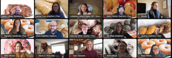 Zoom grid with 15 people in a remote meeting with pictures of donuts as their background