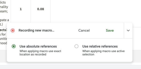 Screenshot of recording macro function in Google Sheets