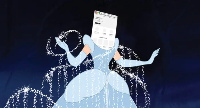 Cinderella's body with a website homepage as the head