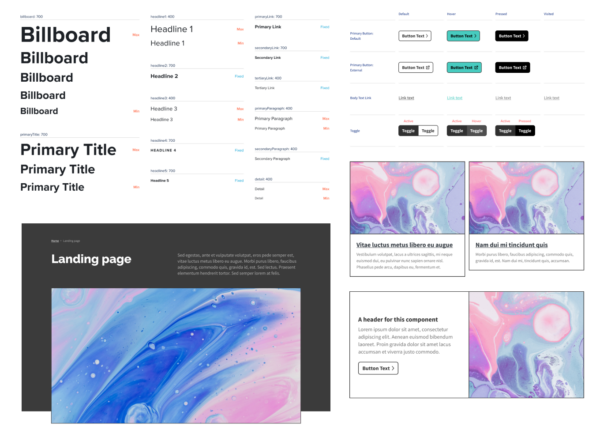 Type styles, button styles, link cards, landing page in a design system