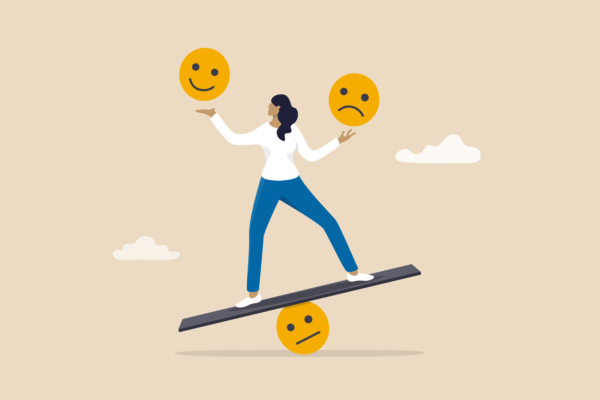 An illustrated woman holding a smiling face and a frowning face, balancing on a board with a fulcrum that's a neutral face