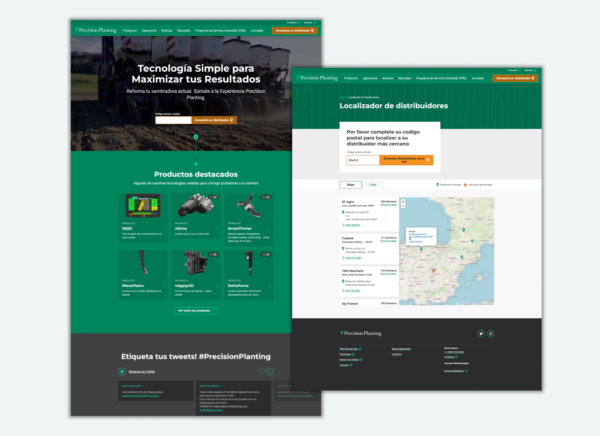 Homepage and dealer locator page from Precision Planting Spain website