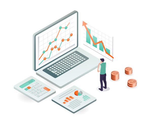 Illustrated man viewing data on a laptop surrounded by a calculator, coins, and charts