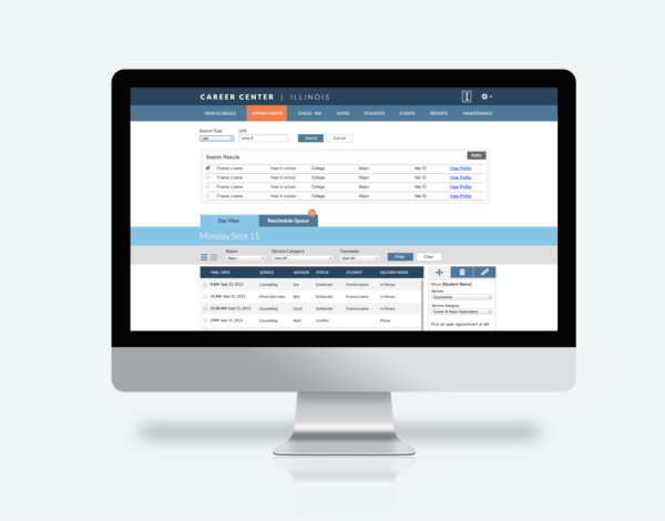 Career Center scheduling app on a desktop computer screen