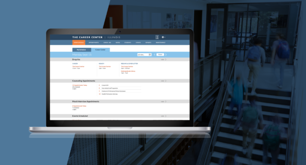 Career Center app screen on a laptop with busy students in the background