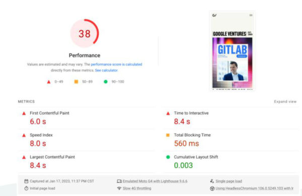 Performance report with score of 38 for Google Ventures website
