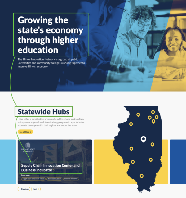 Hierarchical headlines on the website homepage for the Illinois Innovation Network