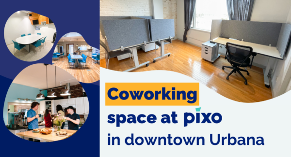 An image of a compilation of photos, one of a group of people gathered in a cafe chatting over coffee, and three images of desk set ups for the coworking spaces and private offices. Text on image reads, 