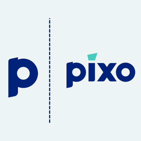 the letter p separated by a dotted line next to the word pixo