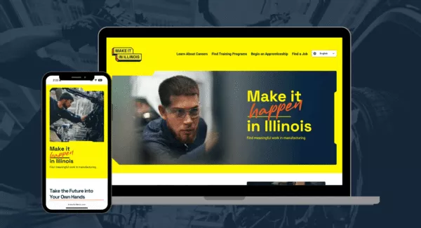 screenshots of the Make it in Illinois website homepage displayed on a smartphone and laptop