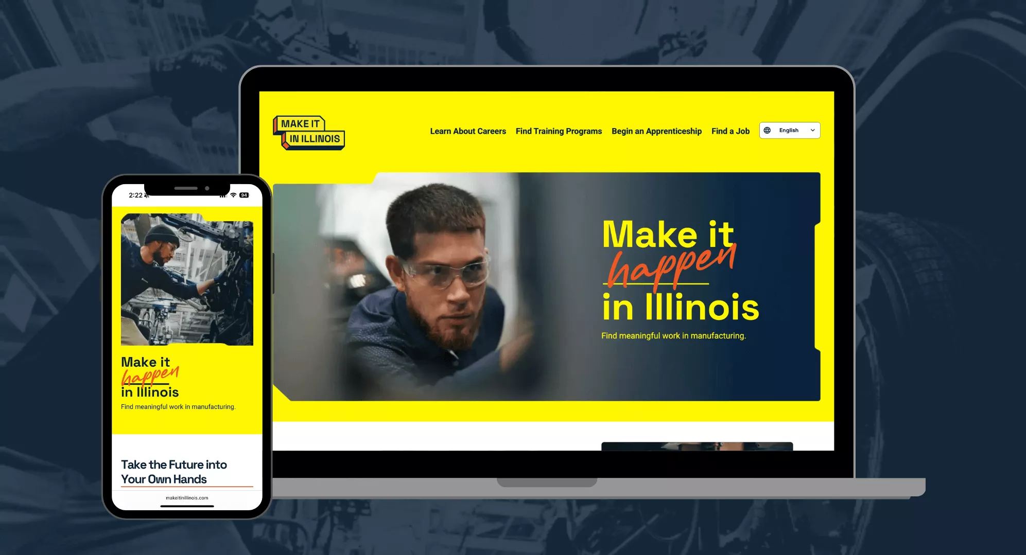 screenshots of the Make it in Illinois website homepage displayed on a smartphone and laptop