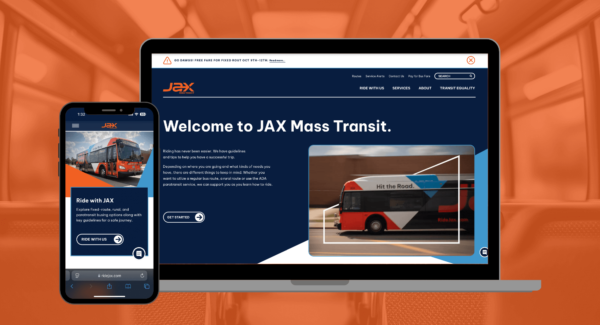 Ride Jax website displayed on laptop computer and smartphone over a brand red background photo of a bus interior