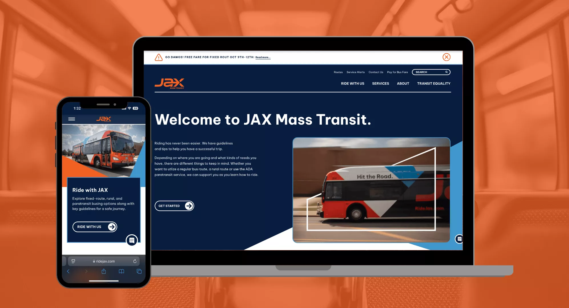 Ride Jax website displayed on laptop computer and smartphone over a brand red background photo of a bus interior