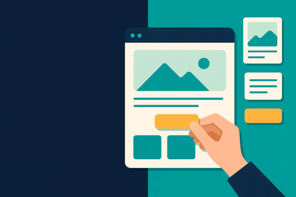 Illustration of a hand assembling a website interface using modular components on a split background with navy and teal colors, representing component-based web design.