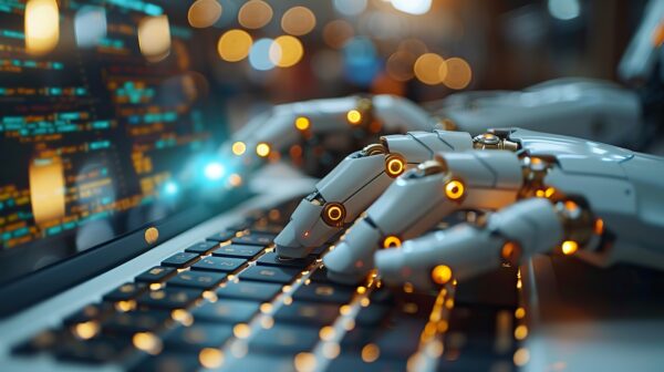 Close-up of a robotic hand typing on a laptop keyboard, with glowing lights and computer code reflected on the screen, symbolizing AI-driven content creation and SEO.