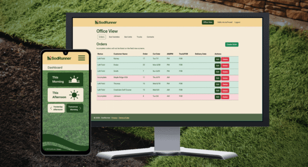 mobile phone and desktop monitor displaying different responsive views from the SodRunner web application, over a sod grass photo background