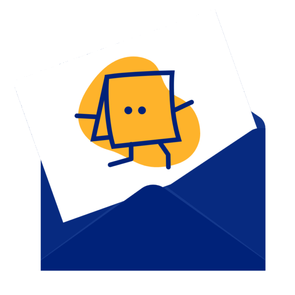 Illustrated navy blue envelope opening to reveal a gold posty note Pixonaut 