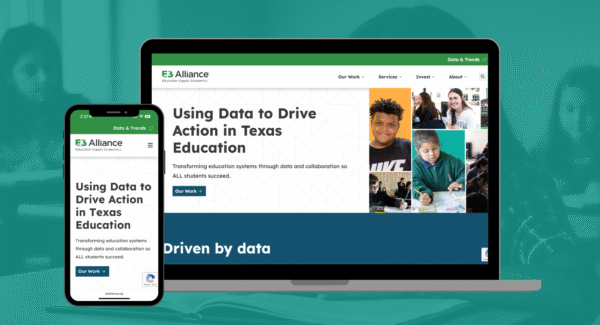 smart phone and open laptop displaying the redesigned E3 alliance website over a turquoise-filtered background photo of children in a classroom.