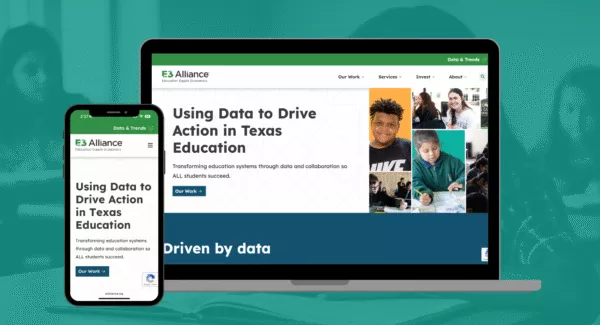 smart phone and open laptop displaying the redesigned E3 alliance website over a turquoise-filtered background photo of children in a classroom.