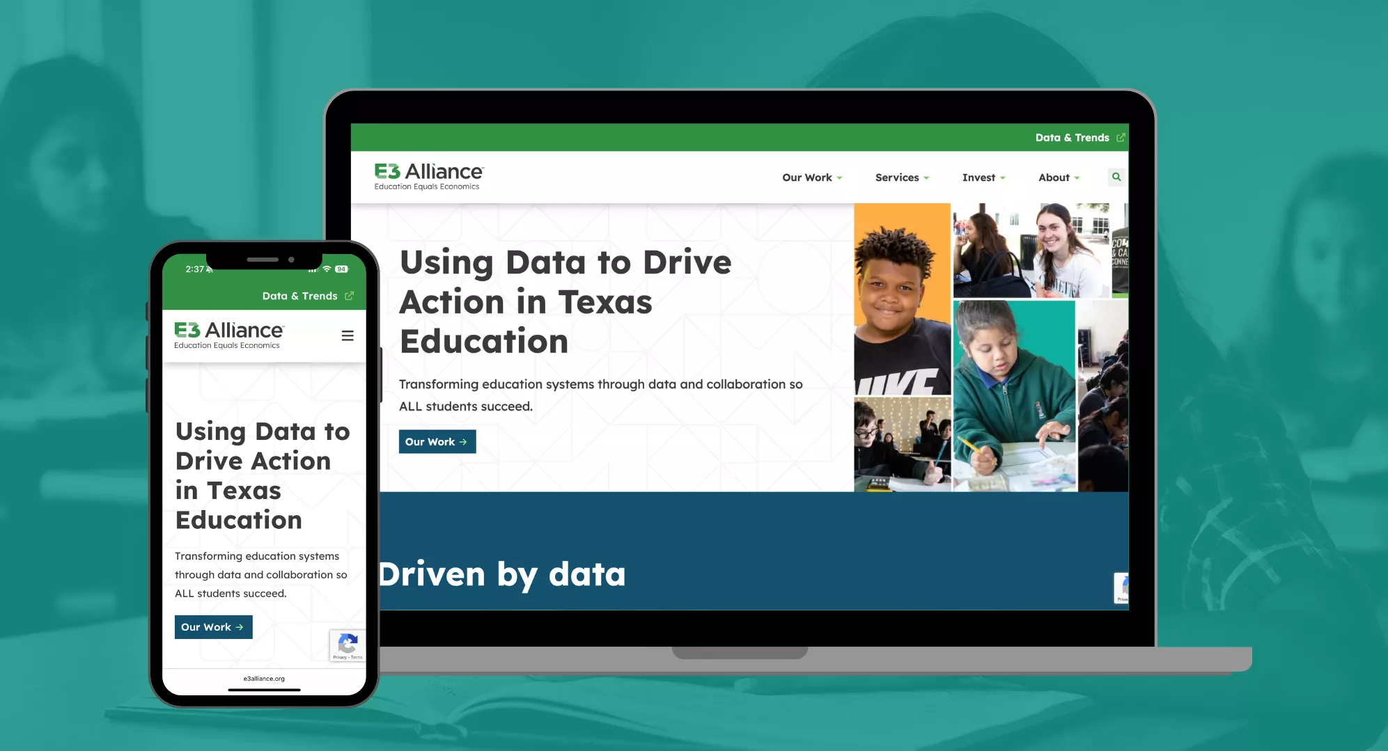 smart phone and open laptop displaying the redesigned E3 alliance website over a turquoise-filtered background photo of children in a classroom.