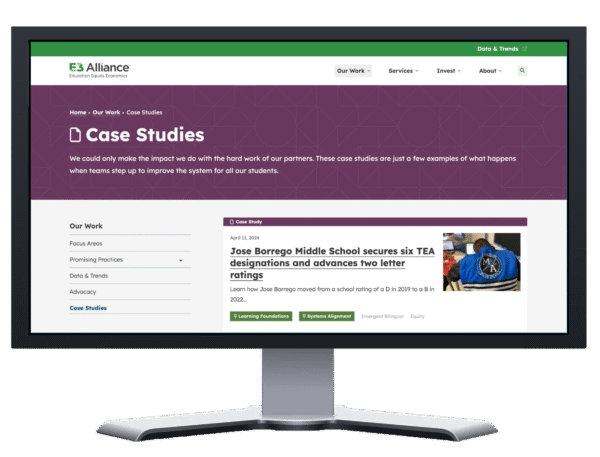 desktop monitor displaying the Case Studies page of the E3 Alliance website