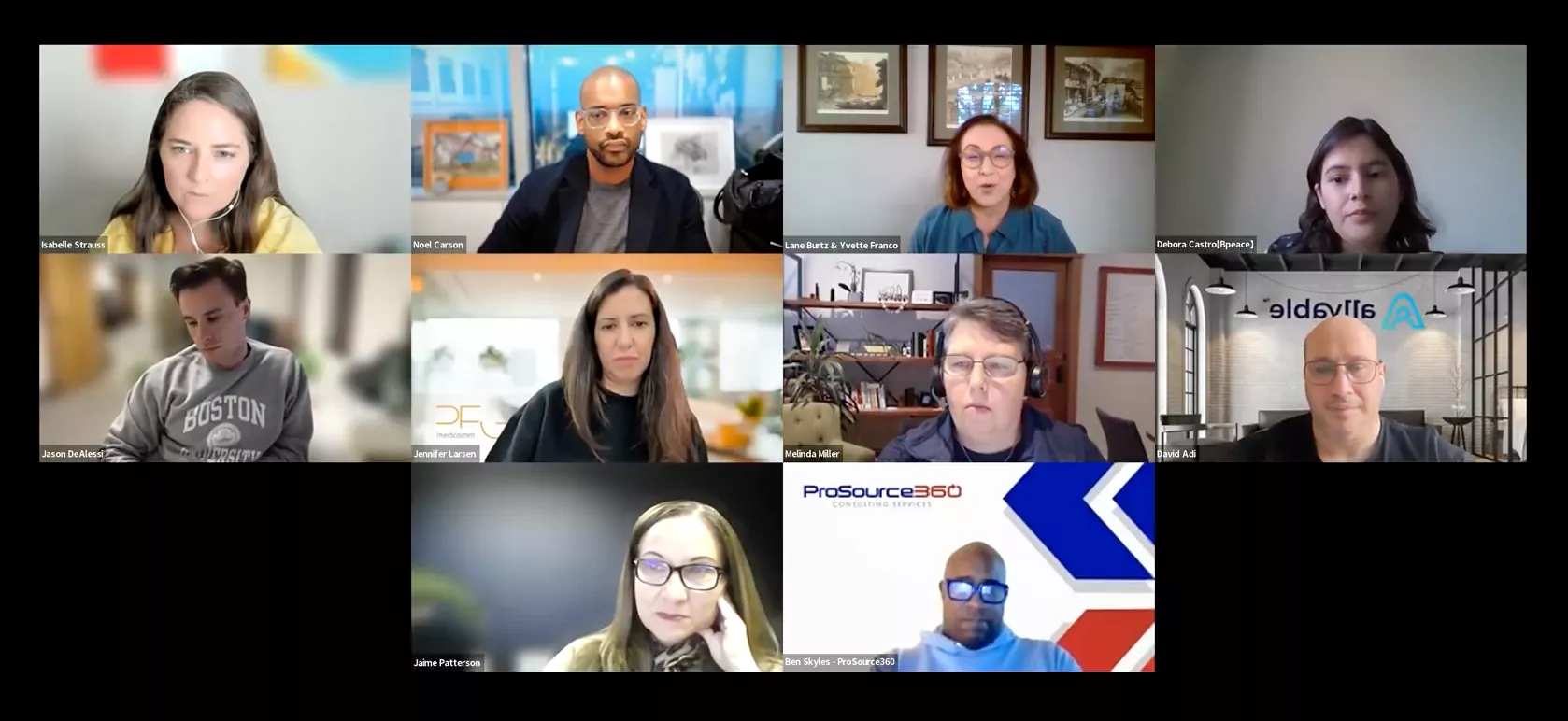 A Zoom room meeting of 10 BPeace members.