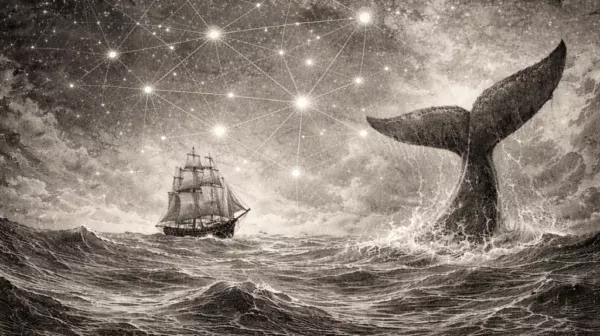 AI-generated image of a ship sailing across choppy waters toward a whale tail