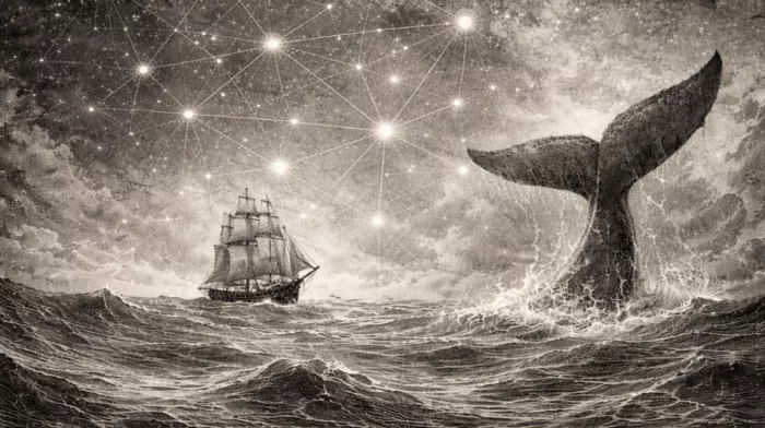 AI-generated image of a ship sailing across choppy waters toward a whale tail