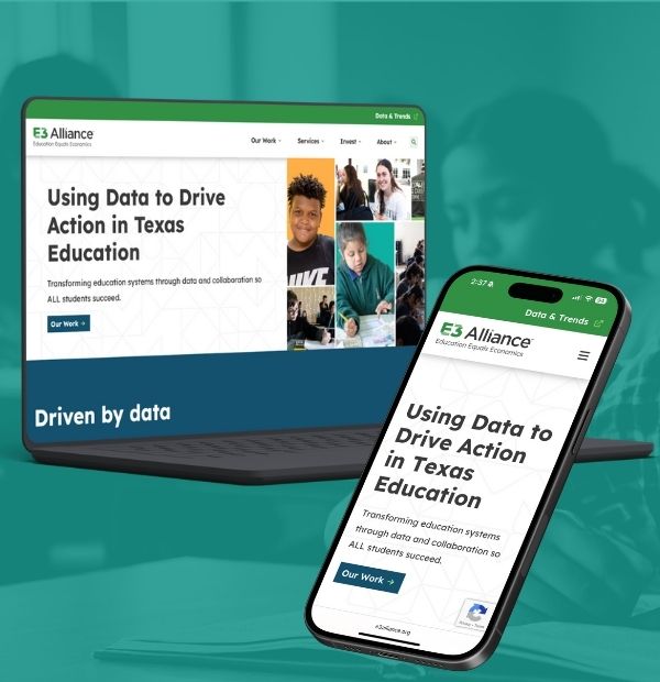 the E3 Alliance website homepage depicted on a laptop and smartphone over a teal-overlaid photo backdrop showing students in a classroom
