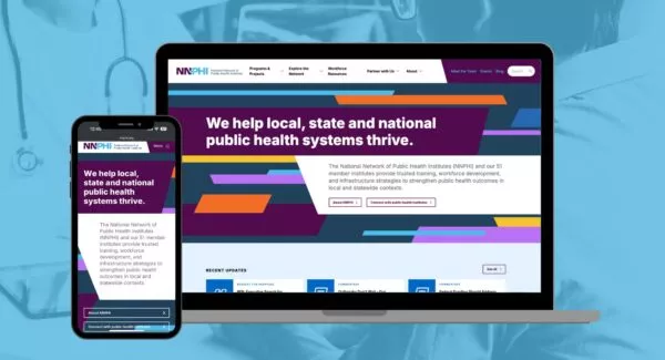 smart phone and open laptop displaying the redesigned NNPHI website homepage over a bright blue-filtered background photo of a medical provider conferring with a patient