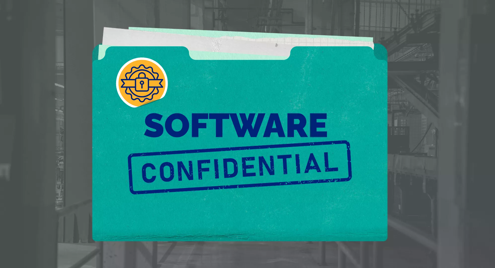 teal file folder stuffed full of papers stamped with the words 