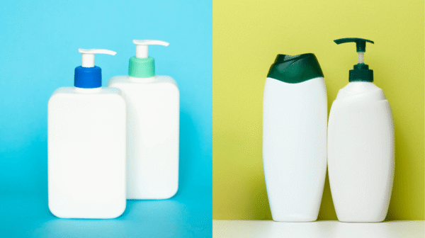two pairs of shampoo bottles, side by side, on a bright background that is aqua on the left and chartreuse green on the right