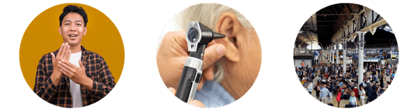 series of three circular photos representing types of disabilities: first a man using sign language, a closeup of an otoscope entering an ear, and a crowded train station