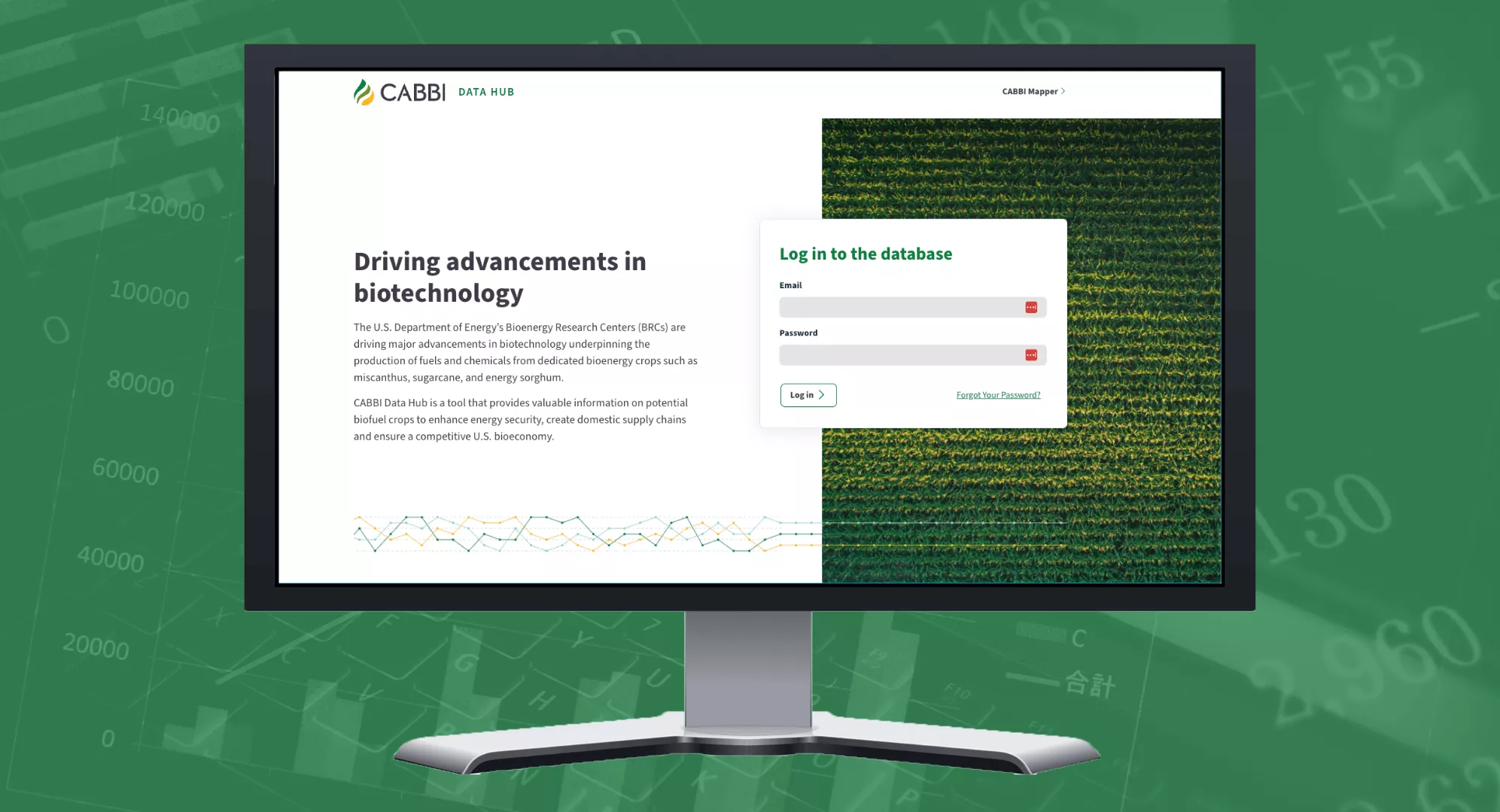 CABBI data modeling hub login screenshot on a desktop monitor