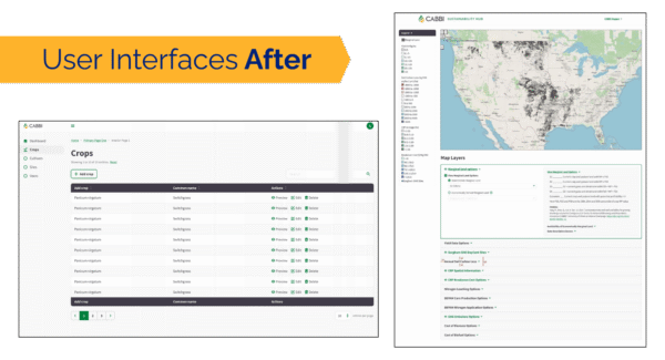 Screenshots of CABBI's data table and map interfaces after the redesign