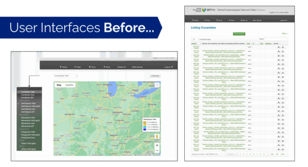 Screenshots of CABBI's map and data table interfaces before the redesign