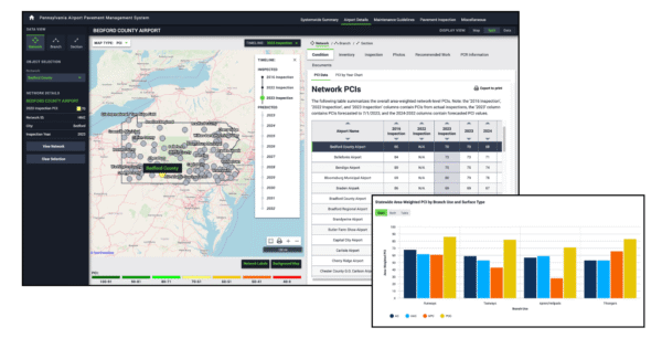 screenshots from APTech IDEA showing maps, tables, and graphic charts of airport pavement data