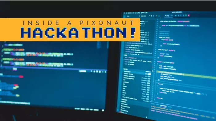 Two computer monitors displaying code in dark mode with the text 