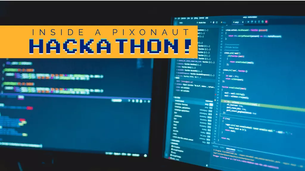 Two computer monitors displaying code in dark mode with the text 